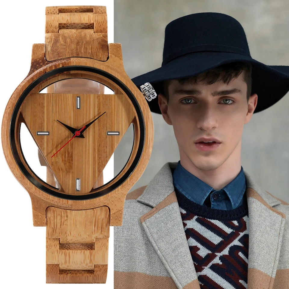 Geometric mens watches superb inverted triangle bamboo wooden band clock male full quartz wristwatches relogio masculino