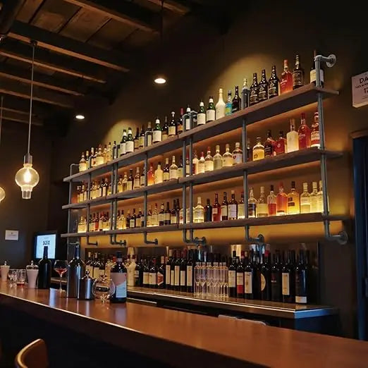 Solid wood wine rack wall mounted bar shelves for liquor bottles with led light 3 tier large capacity mo - united