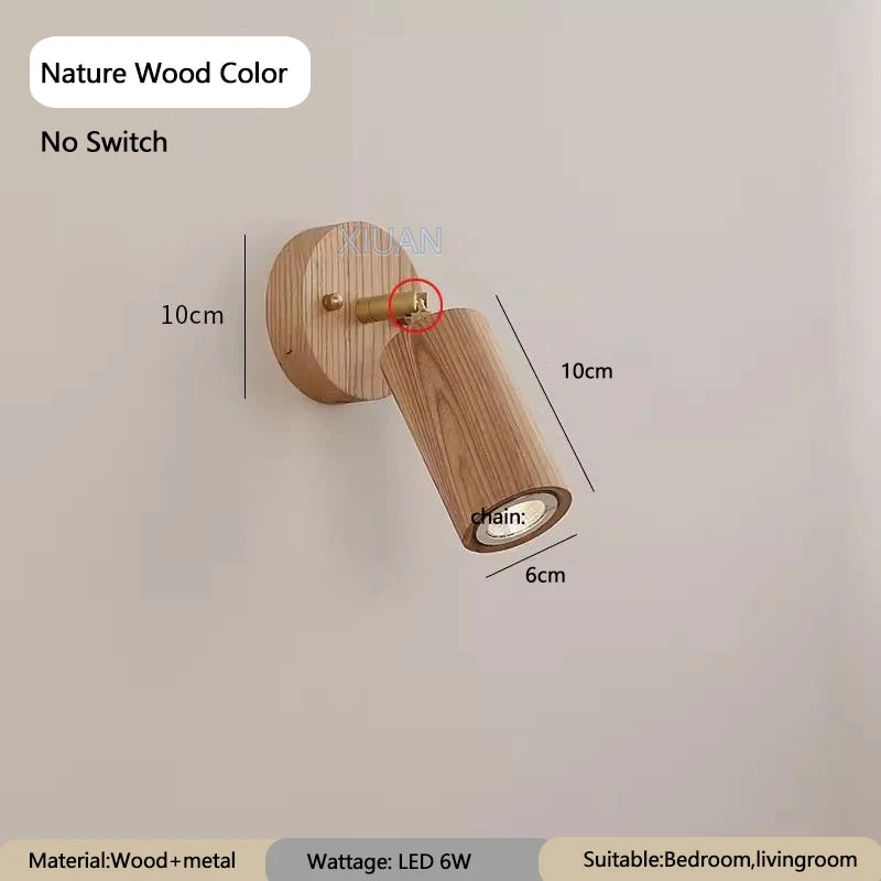 Japanese walnut wood color bedroom bedside wall light zipper switch vintage retro lamp with adjustable spotlight
