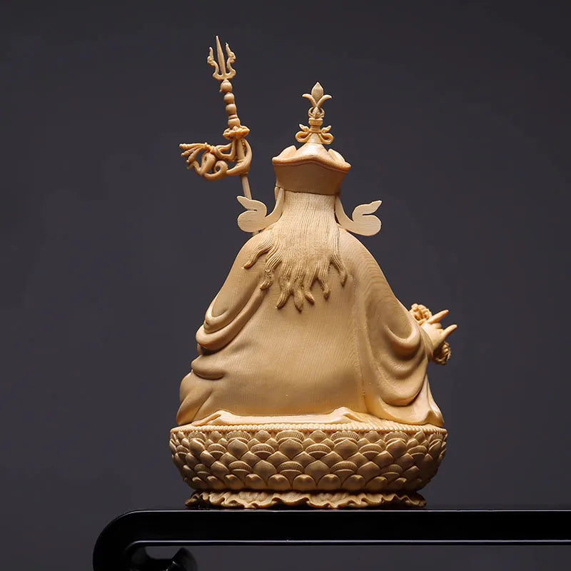 Wood carved padmasambhava statue guru rinpoche tibetan buddhism sculpture for home or shrine decor - light grey