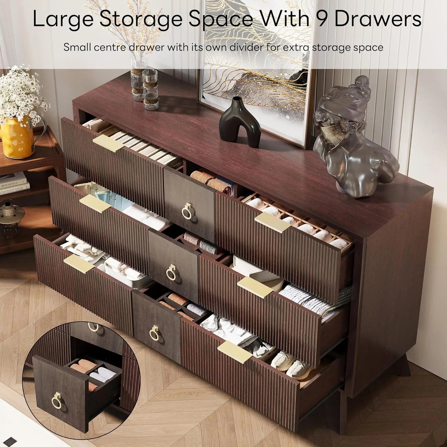 Likimio dresser for bedroom 9 drawers with led light 55’’ wide fluted chest of wood closet organizer hallway - white