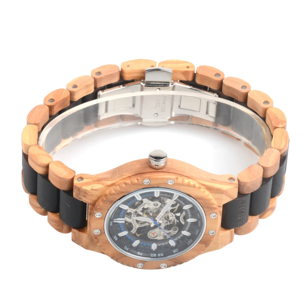 Classic mechanical wooden watches for men skeleton automatic self-winding lightweight men’s wood wristwatch
