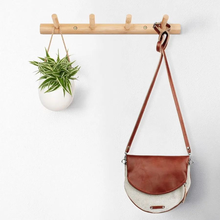 Modern bamboo wooden entryway coat hooks bathroom kitchen towel rack wall mounted hat hanger with 4 hanging pegs tura