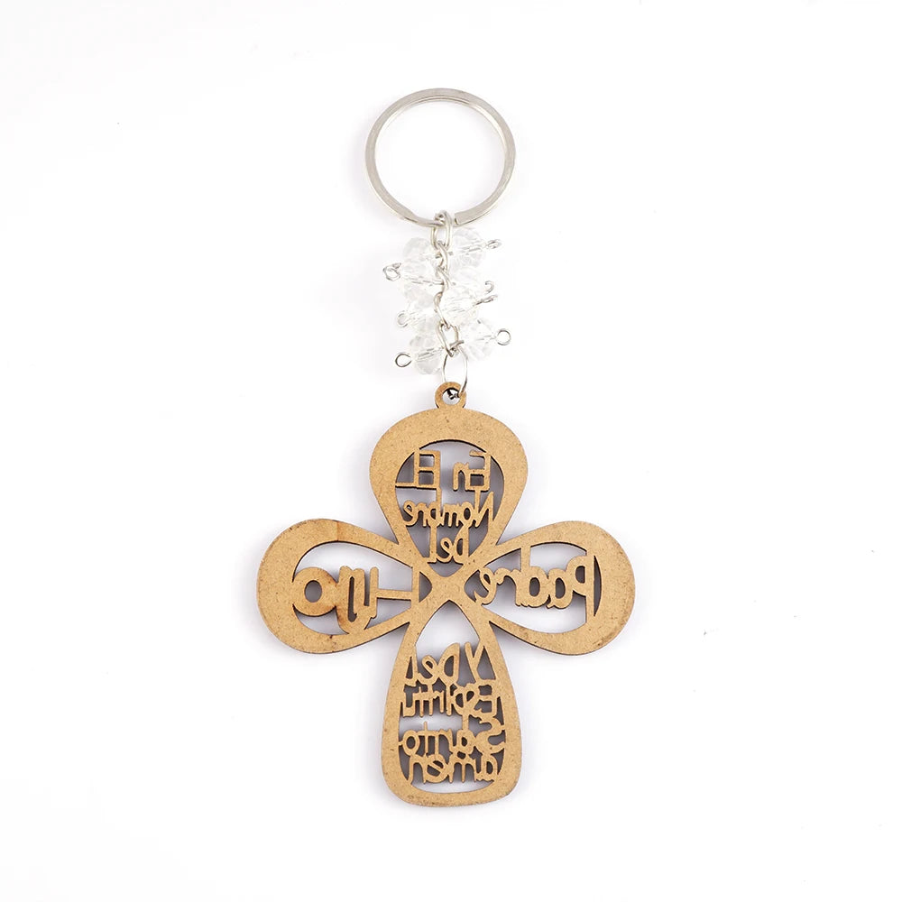 12 pcs baptism wood cross keychain recuerdos de bautizo first communion christening favor with organza bags - united