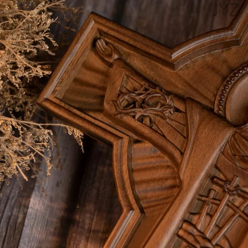 Vintage wooden easter catholic cross jesus statue interior religious wall decor baptismal gift - (christian)