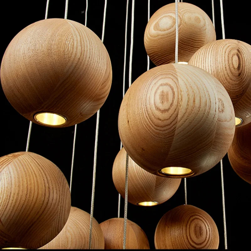 Designer’s solid wood pendant light creative art kitchen restaurant hanging lamp new chinese hotel wooden ball bar led