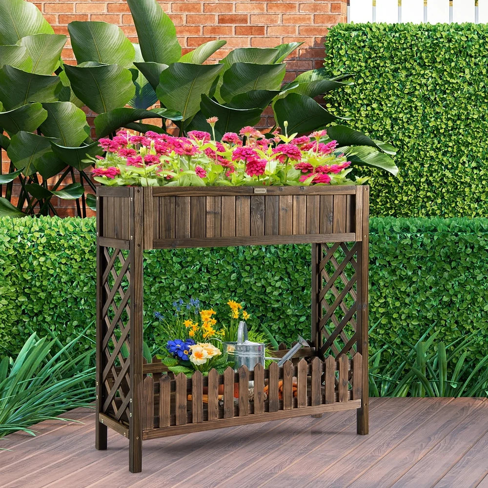 2-tier wooden raised garden bed planter box with bottom storage shelf vegetables fruits herbs ergonomic height design