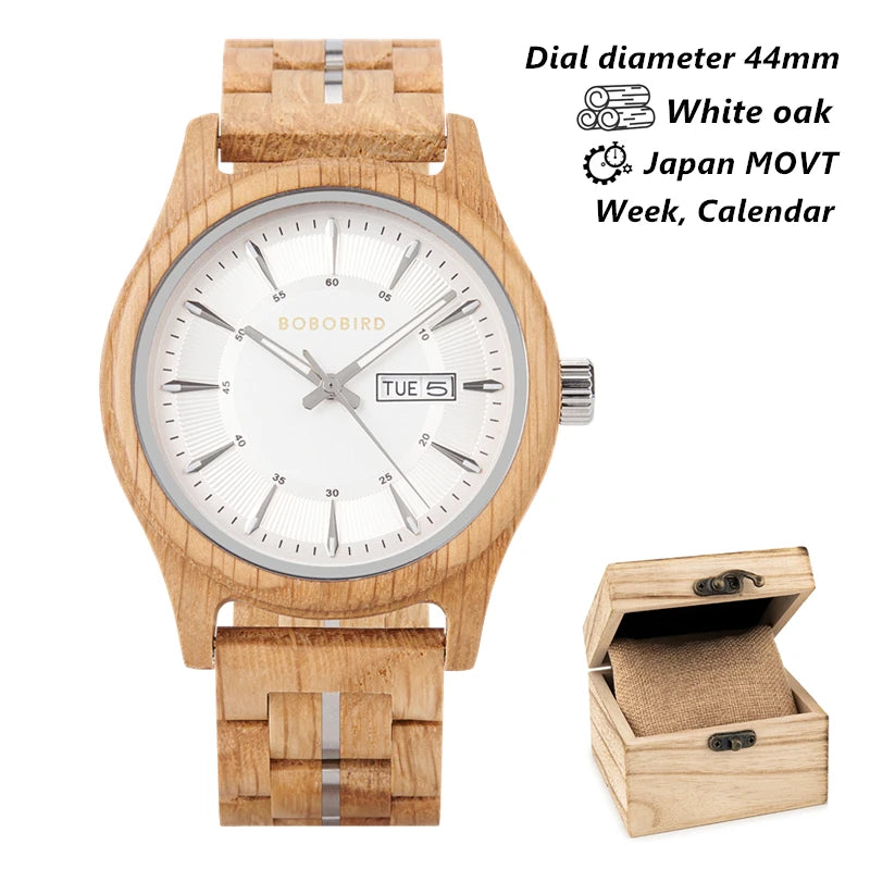 Bobo bird men’s watches fashion wooden wristwatch week & auto-date display watch for men with gift box 2025 new - white