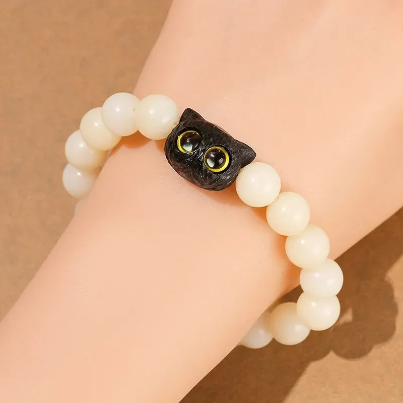 Jd natural wooden bodhi beaded cut cat paw bracelet women men cartoon handmade stretch bangles couple girls jewelry gift