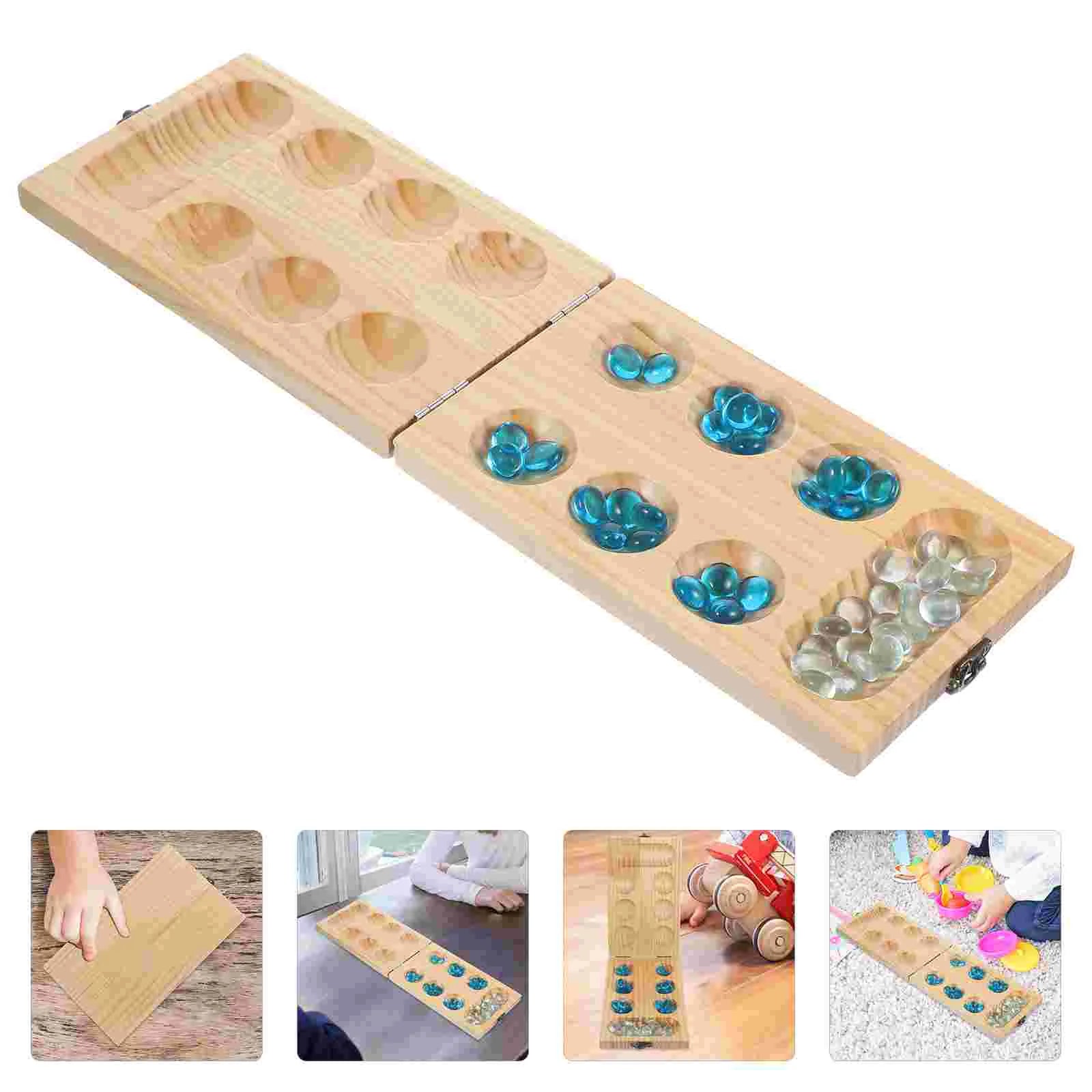 1set foldable wooden mancala board game training chess toy for smooth surface gemstone beads stones plaything
