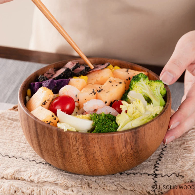 New natural hand-made wooden salad bowl classic large round acacia wood soup dining plates premium kitchen utensils
