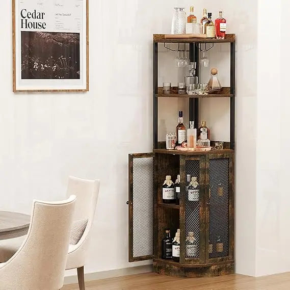 Corner bar cabinet with wine rack 65’’ h 5-tier brown wood liquor display magnetic doors for home living room kitchen s