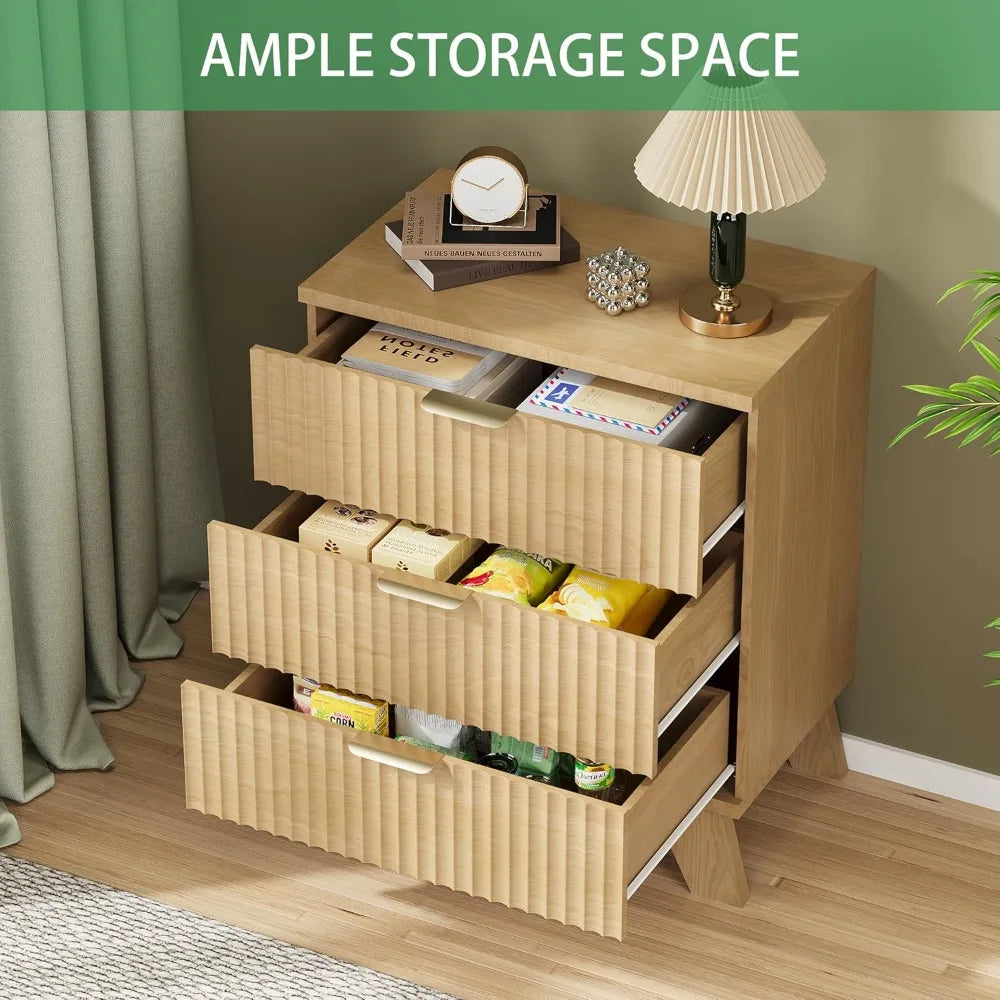 Nightstand 24’’ wide side table with 3 large storage drawers and metal handle wooden bedside end for bedroom living room