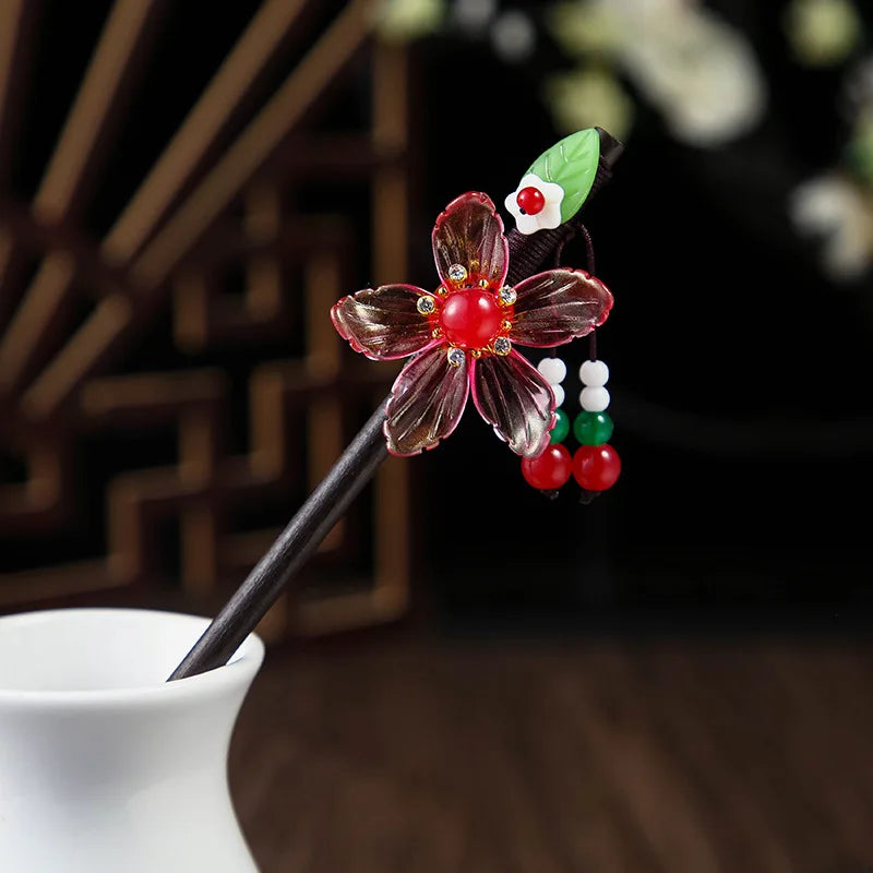 1pc wooden hair stick chinese style winding flower hairpin with tassel elegant lady clip accessories vintage 2024