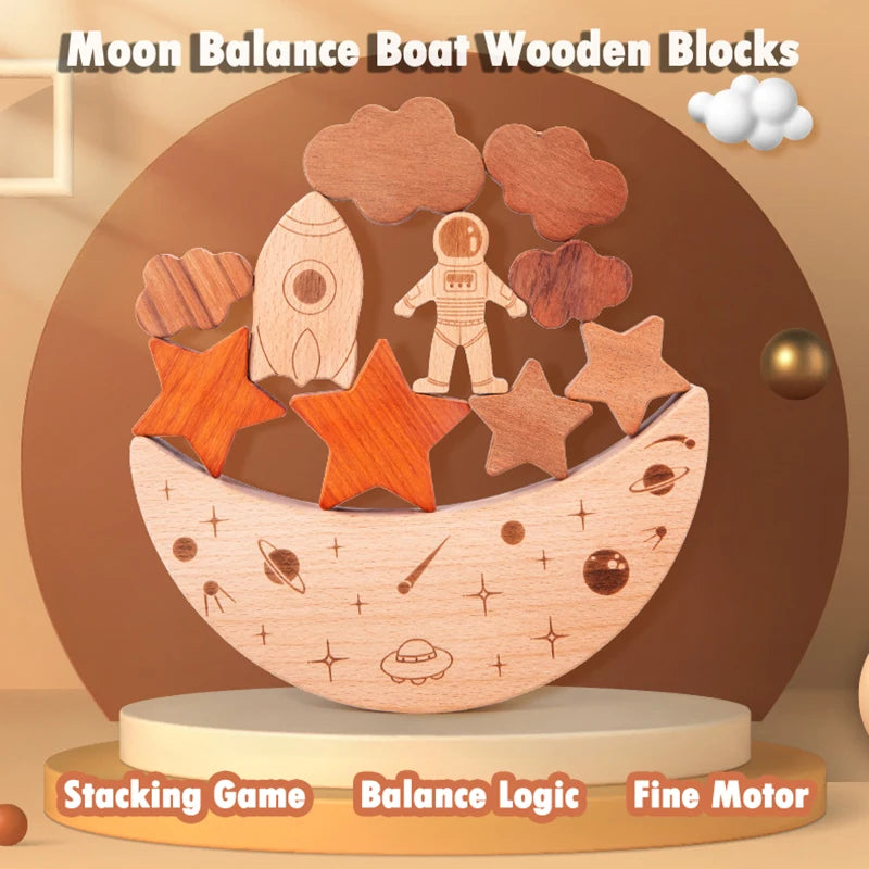 Wooden montessori toys stars moon balance blocks board games 3d celestial star cognition educational stacking - game