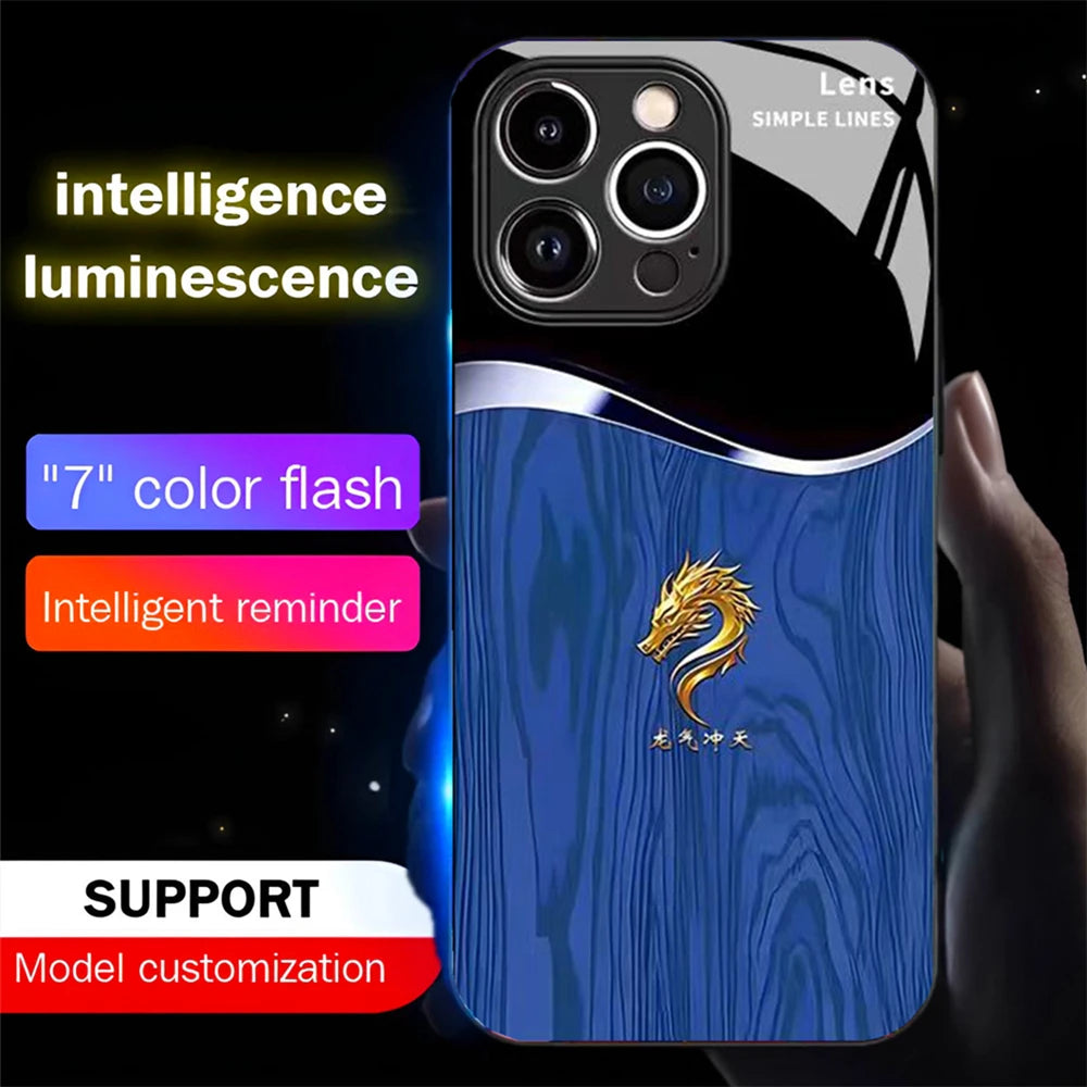 Luxury wood grain dragon luminous glass led call light up flash phone case for iphone air 17 16 e 15 14 13 12 11 pro