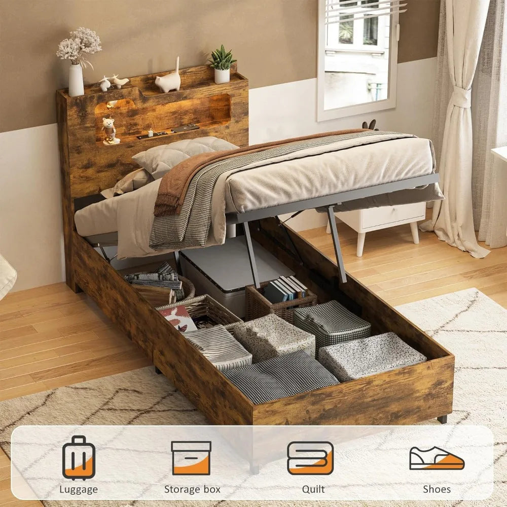 Fameill twin size lift up storage bed frame 2-tier headboard wooden platform with lifting & charging station,