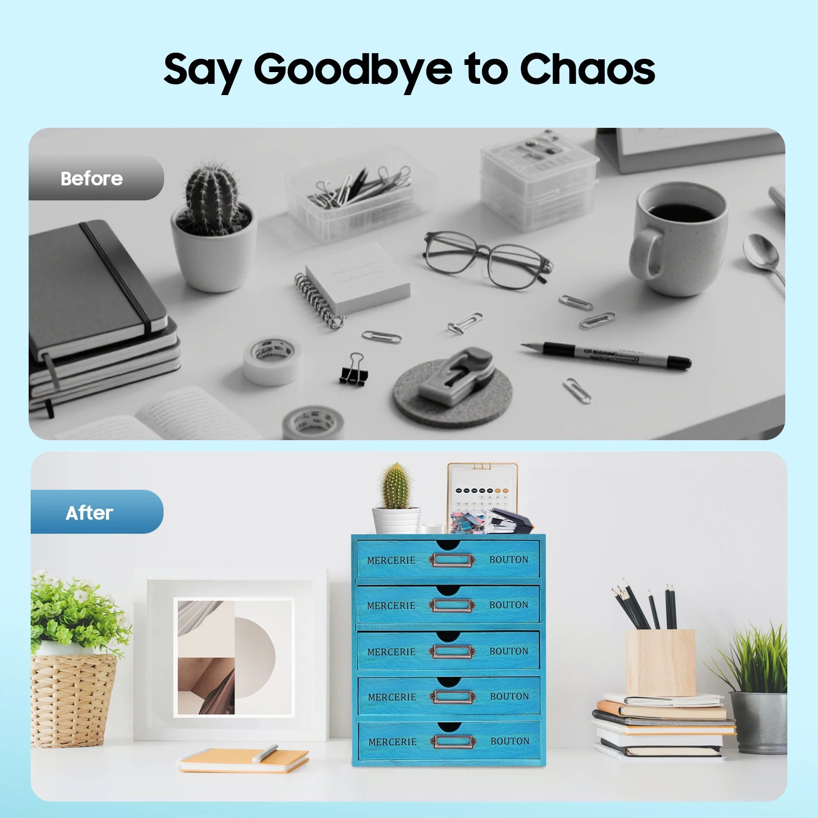 5-tier drawer organizer pine wood vintage blue spacious storage desk file with label holders - united states