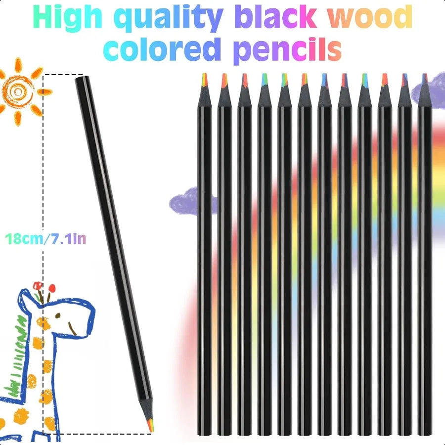 48 pcs 7 in 1 black wooden rainbow pencils bulk multicolored assorted colors art plies for adults drawing coloring sket