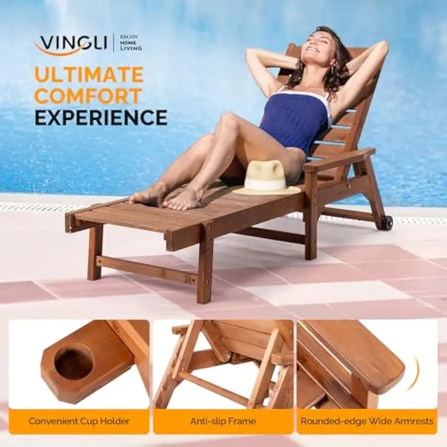 Customizable outdoor chaise lounge chair wooden patio lounger with adjustable backrest,for sunbathing poolside beach