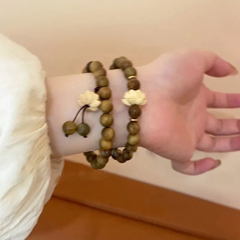 Lotus sandalwood bangle wood beaded strand bracelets green natural bracelet elastic handwoven rosary jewelry - 1