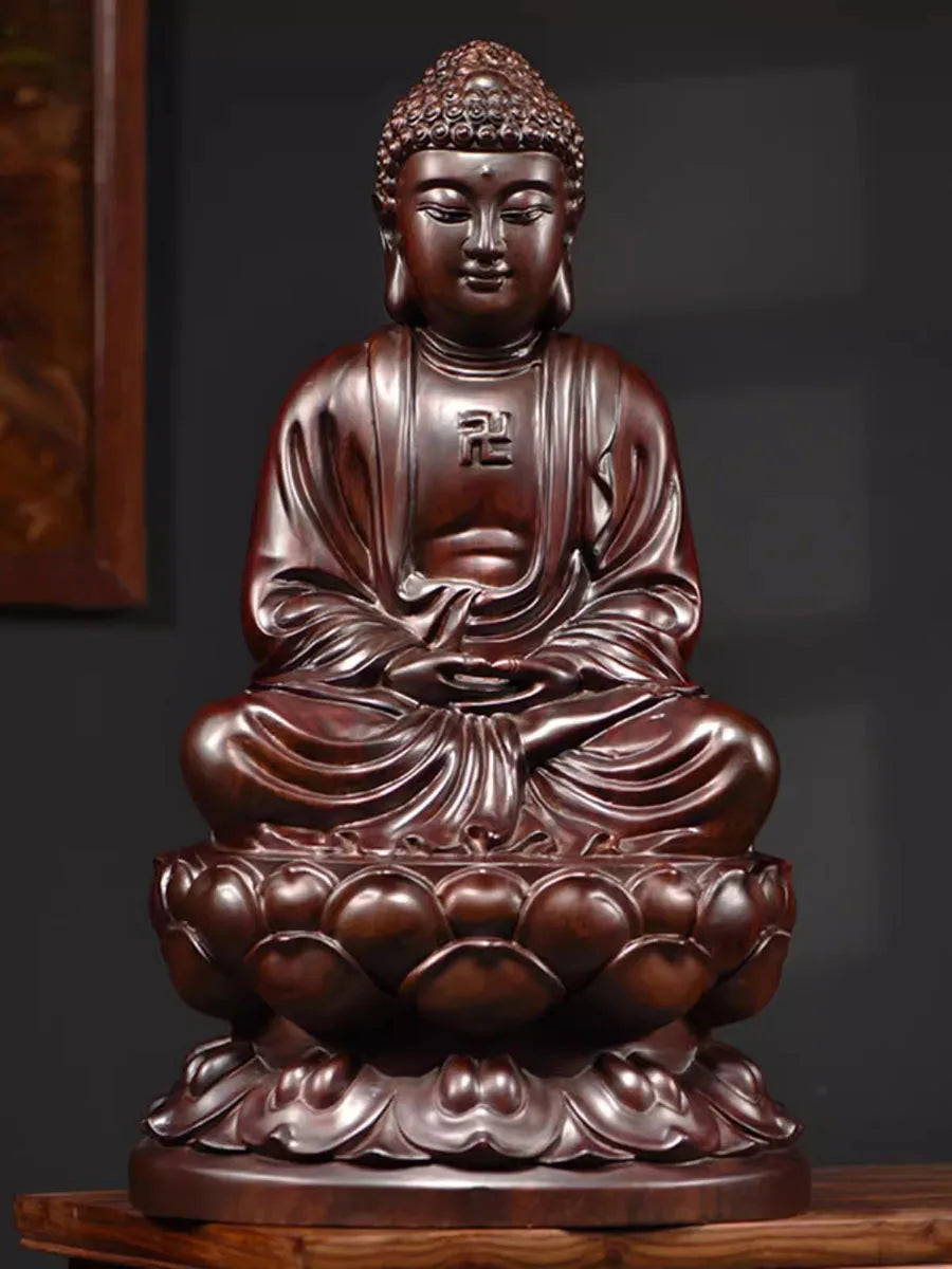 Classical ebony wood and rosewood carvings decorations of buddha offering the statue shakyamuni at home - religious