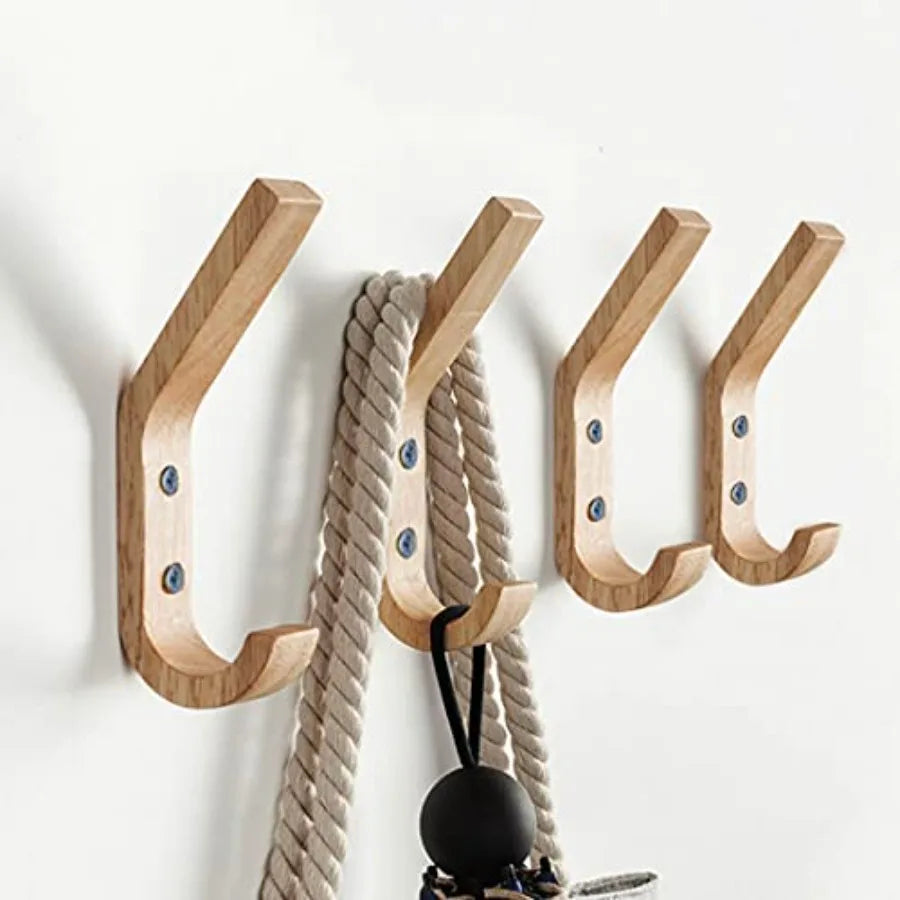 Heavy duty wall mounted wooden coat hooks in natural oak wood for organizing coats keys caps and cups decorative