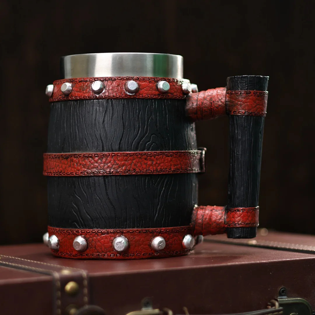 Medieval vintage viking mug dragon sword and shield beer resin stainless steel wooden barrel tankard coffee wine cup