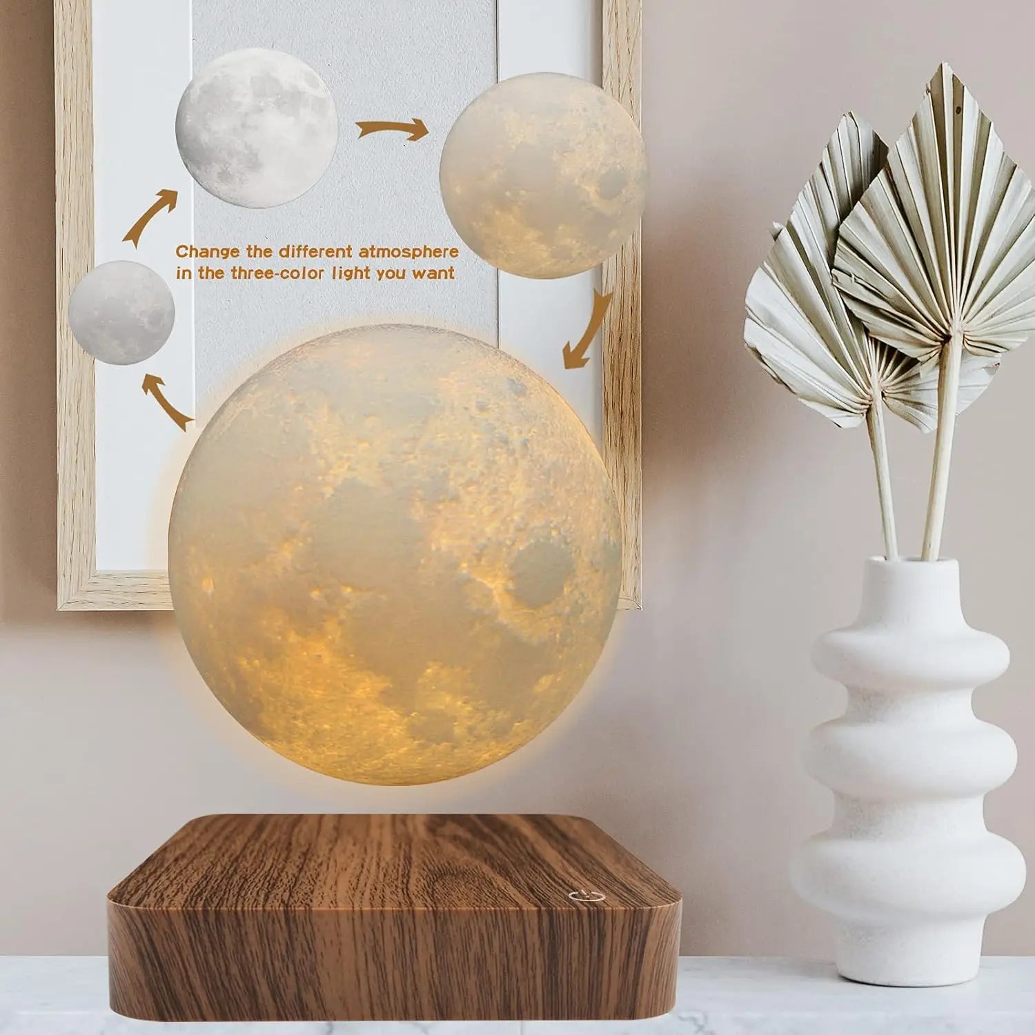 Magnetic floating rotating moon lamp with wooden base 3 color temperature led night lights of print 3d for unique gifts