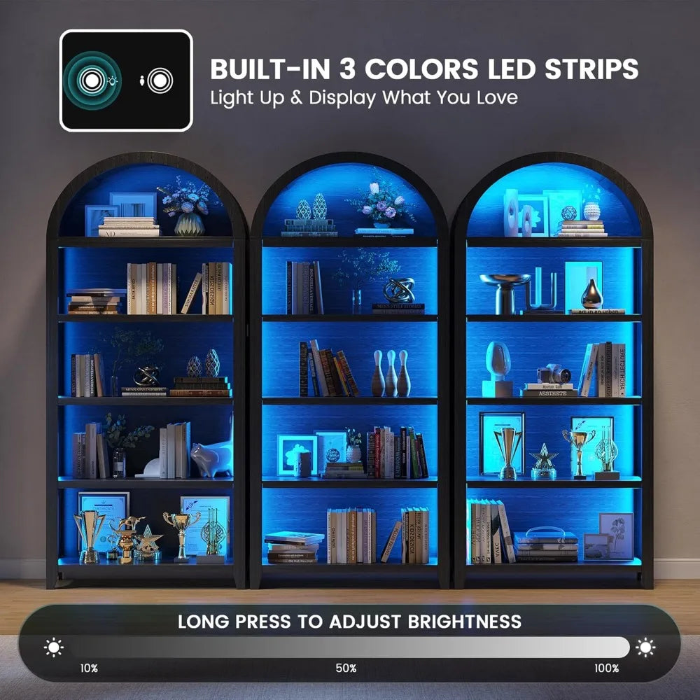 Arch bookcase - 5 layers bookshelf with 3 colors led sensor lights and thickened wooden design display shelf for lego