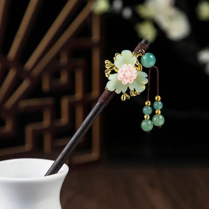 1pc wooden hair stick chinese style winding flower hairpin with tassel elegant lady clip accessories vintage 2024