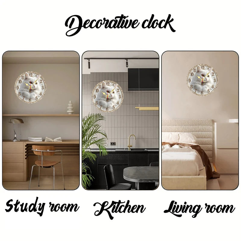 Elegant cat themed wooden round silent hanging wall clock suitable for living room,office study room bedroom home
