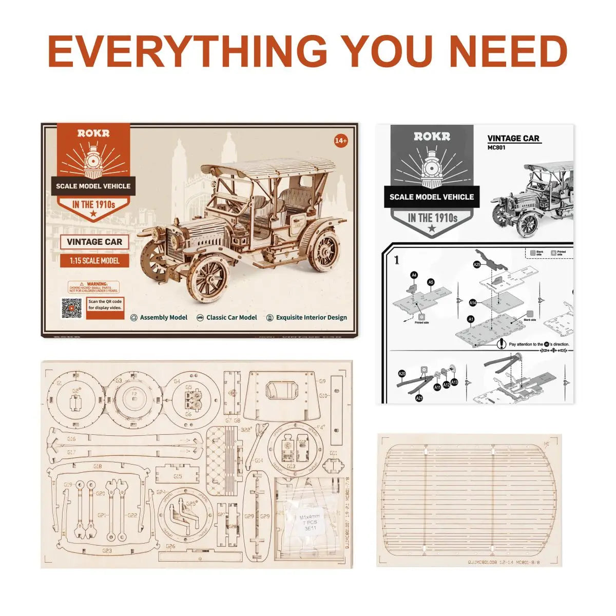 Robotime rokr classic car 3d wooden puzzle montessori toys vintage 1:15 scale model building kits for kids