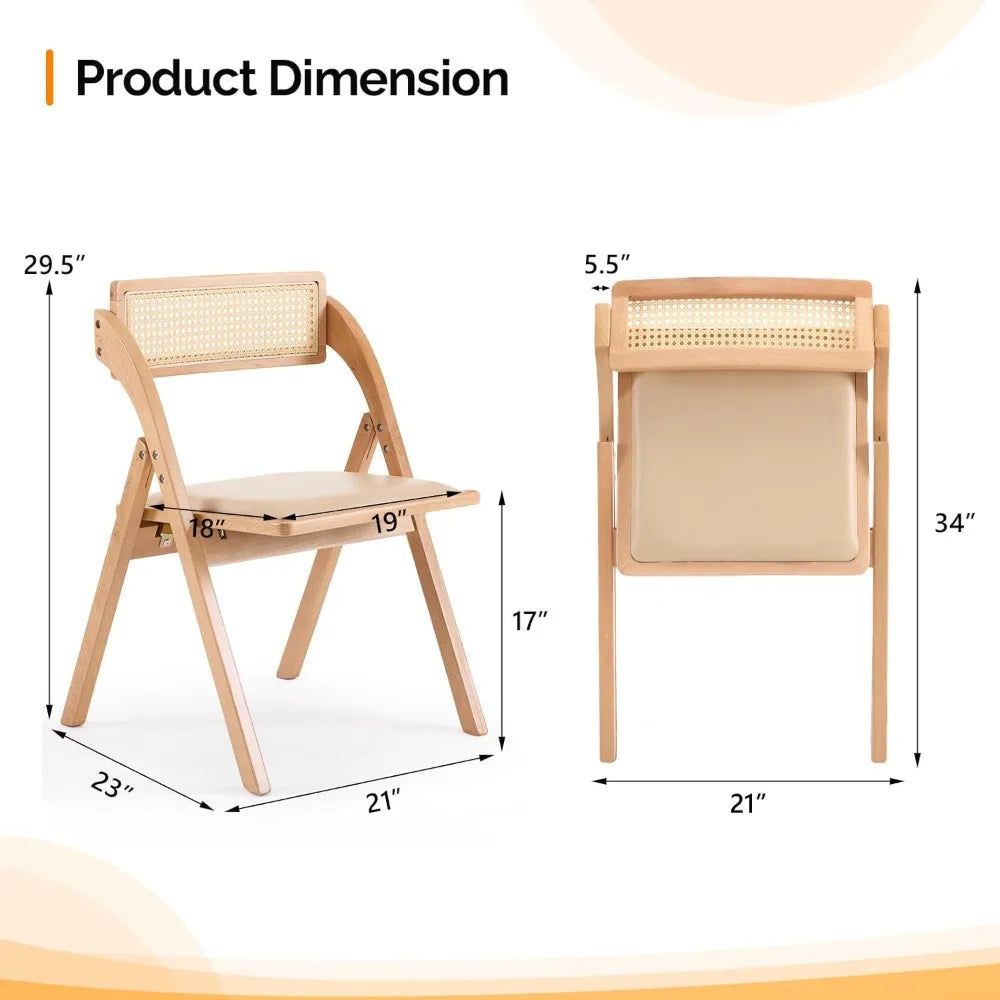 Wooden folding dining chairs set of 2 with rattan backrest and leather cushion armless beech wood frame for living room