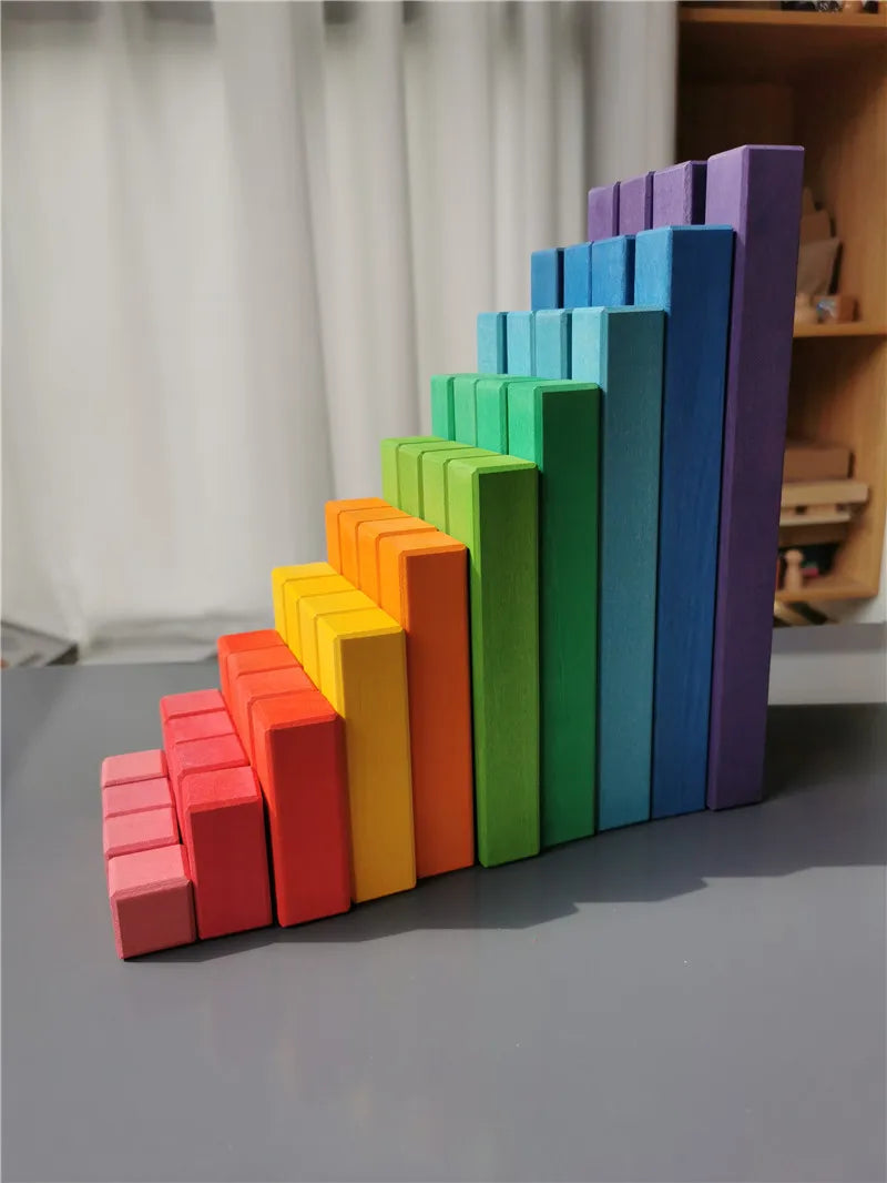 Large wooden building blocks set rainbow stacking counting timber square construction tube toys for kids educational