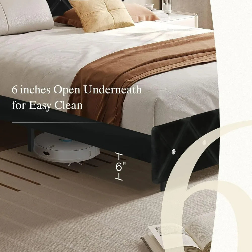 Hombck bed frame queen size velvet upholstered with wingback and diamond headboard wood slat support no box s - black