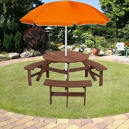 10-person solid wood picnic table outdoor round and bench set with umbrella hole outside wooden chairs s - united