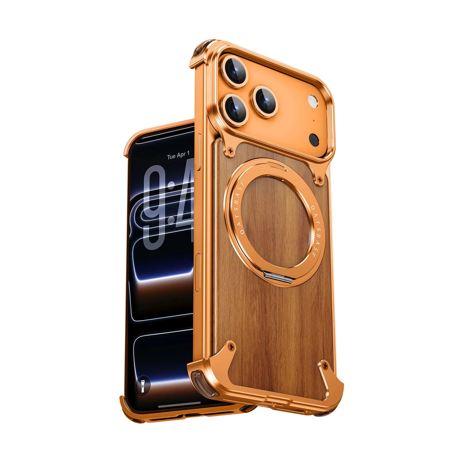Oatsbasf solid wooden phone case for iphone 17 pro max/air/16 with stand 360° rotatable magnetic shockproof protective