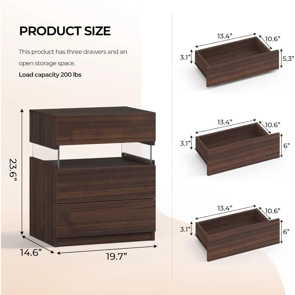 Led nightstand wood for bedroom bedside table with 3 drawers modern side tables - united states / walnut