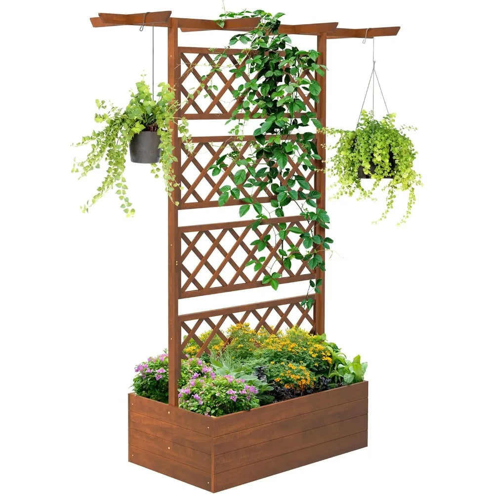 Wood planter with trellis raised garden bed privacy screen box for climbing plants vines vegetables - united states
