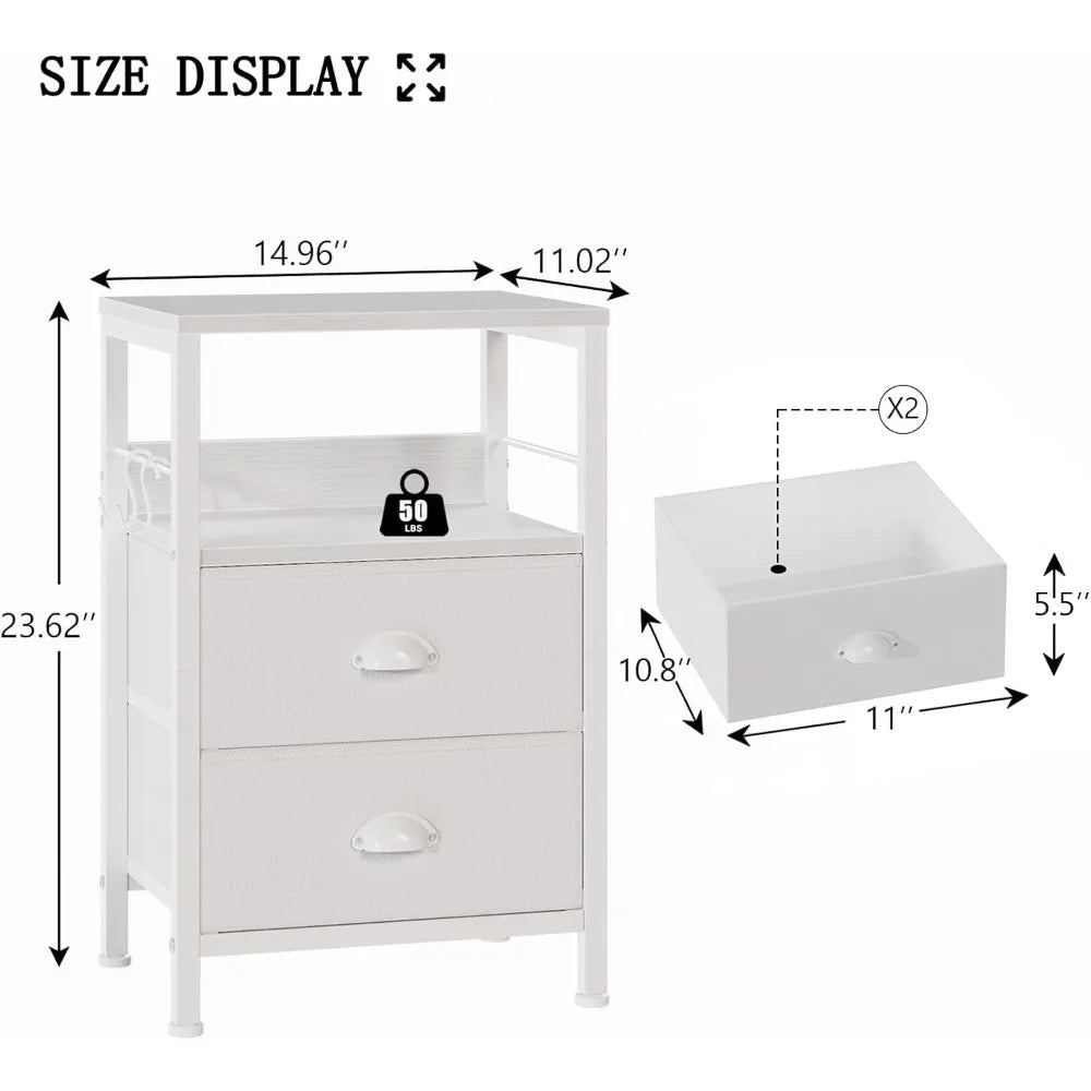Nightstands set 2 end table with fabric drawers bedside hooks open wood shelf side sofa for bedroom