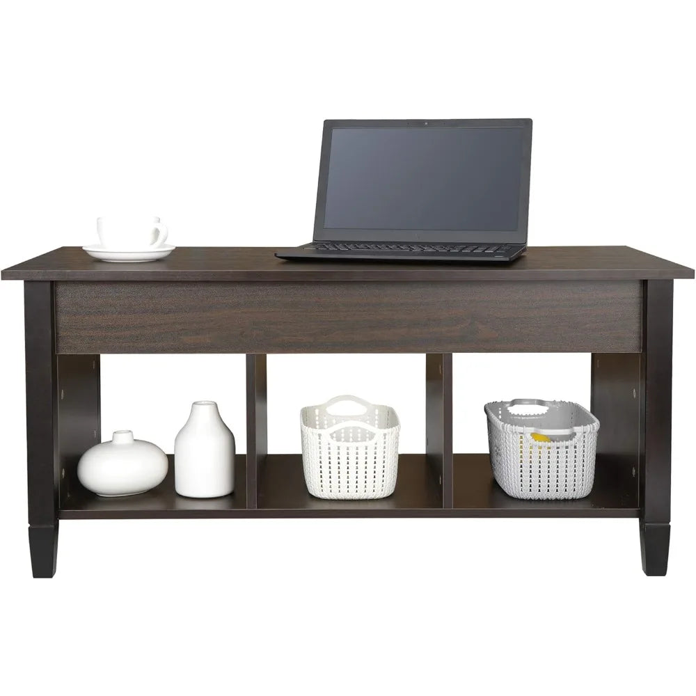 Wood coffee table lift top with hidden compartment 3 storage shelf modern pop-up rising dining for home - espresso