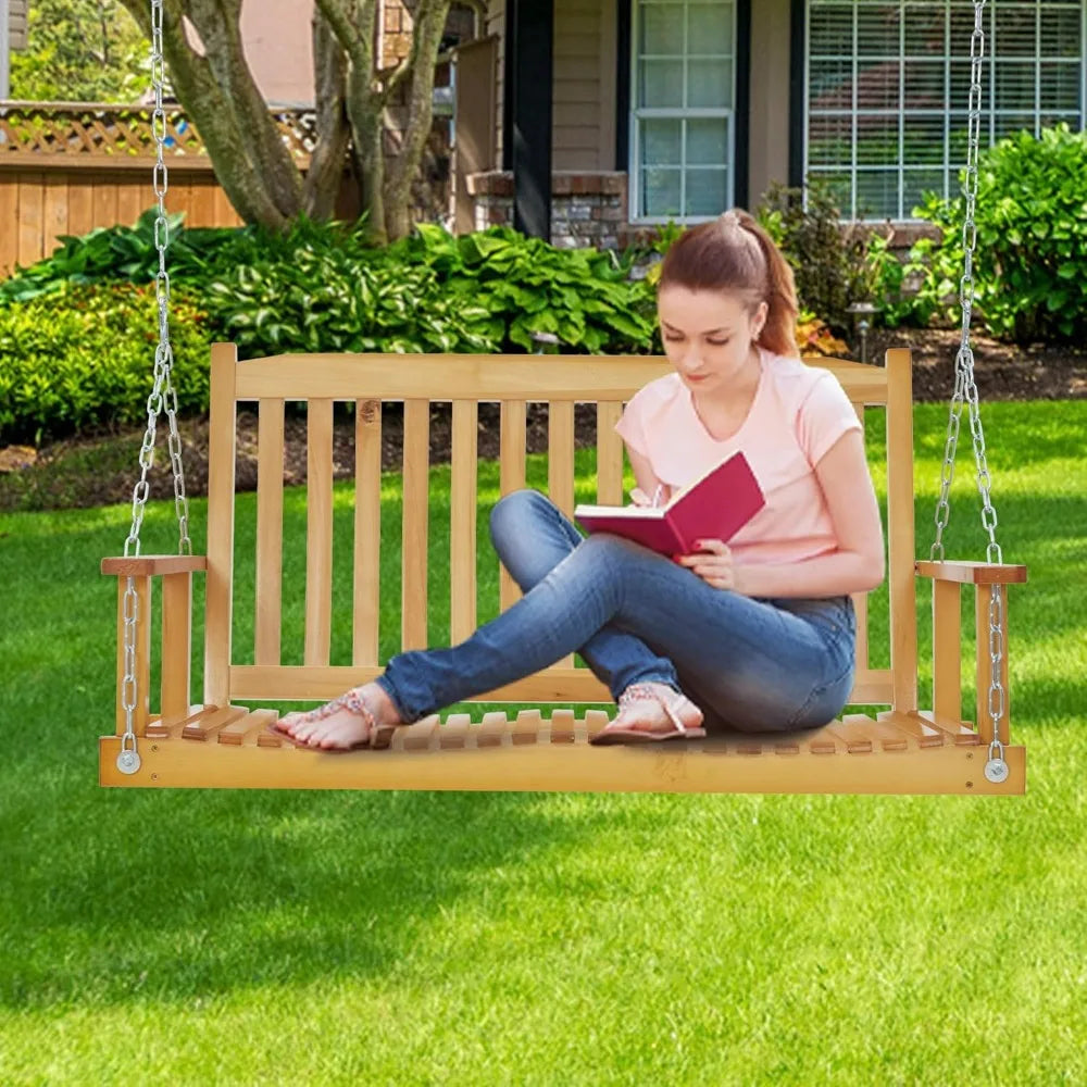 Outdoor wooden porch swing - heavy duty garden bench with adjustable chains ergonomic backrest