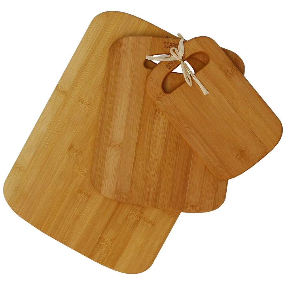 3 piece bamboo cutting board set eco friendly versatile sizes lightweight kitchen food prep hand grips easy clean wood
