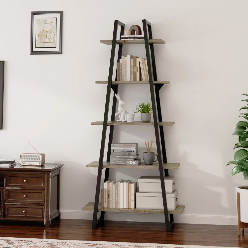 5-tier ladder shelf bookcase industrial wood bookshelf with storage rack organizer narrow open book for living room