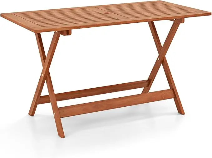 Outdoor dining table solid wood long tables with 2’’ umbrella hole & x-shaped support legs patio for porch balcon