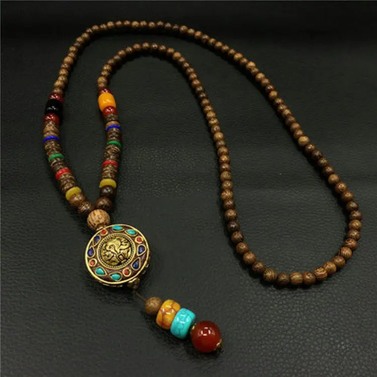Chinese style minimalist wooden necklace long buddha bead sweater chain versatile personalized pendant men’s