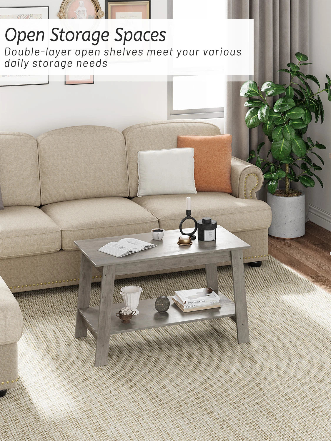 Rustic farmhouse wood coffee table with storage shelf rectangular small center side for living room easy assembly