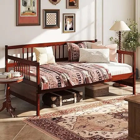 Giantex twin daybed frame wooden sofa bed guest with rails & wood slat support dual-use size platform for l - cherry