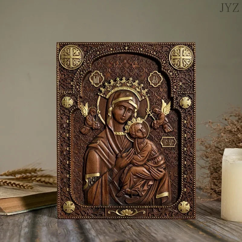 Vintage wood carved catholic religious art our lady statue of perpetual help wall home living decor - (christian)